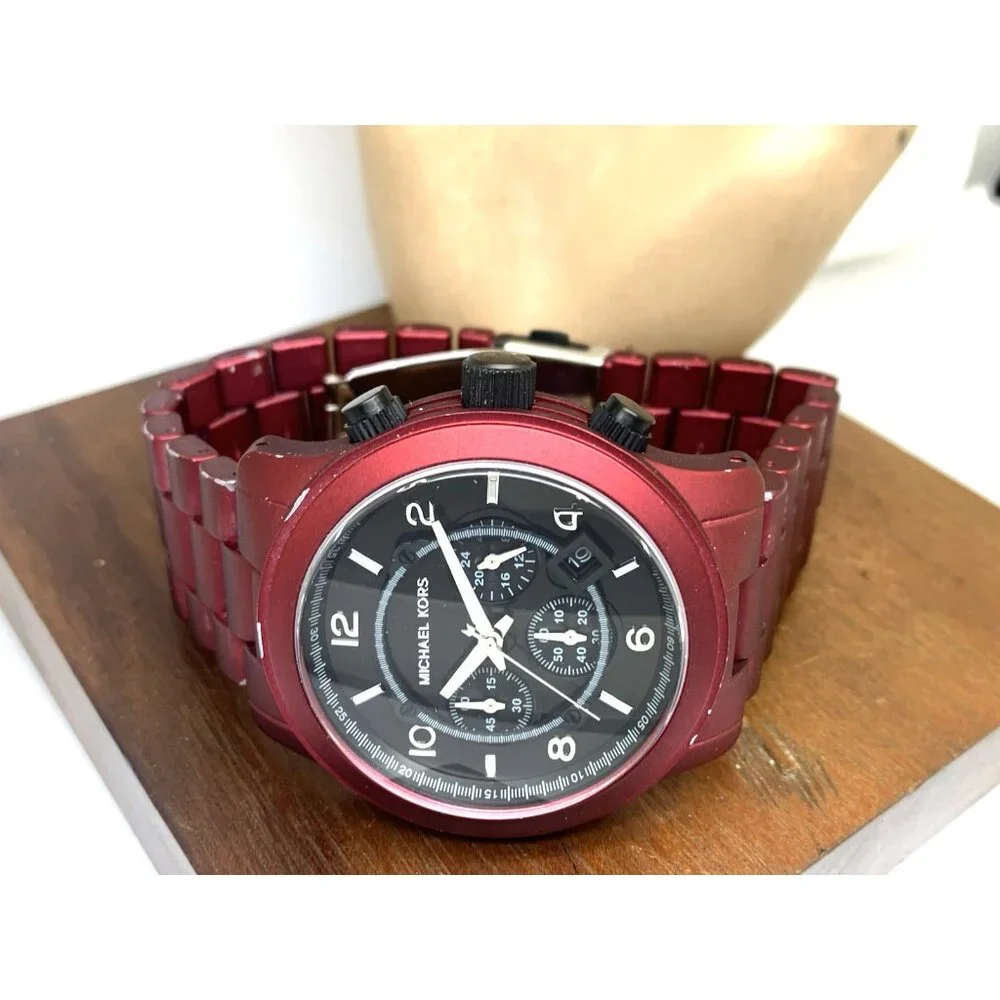 Michael Kors Mens Watch MK9148 Runway Quartz Black Dial Red Stainless Steel 45mm